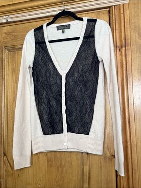 Charlotte Tarantola 100% Cashmere Lace Cardigan Sweater Ivory Black Size Small